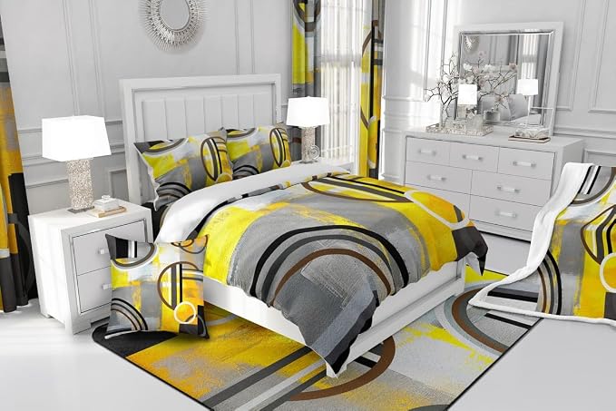 Erosebridal Ombre Duvet Cover Full,Yellow Black Gray Comforter Cover for Kids Boys Girls,Geometric Circles Swirls Bedding Set,Grunge Oil Painting Artwork Quilt Cover with 2 Pillow Cases Zipper& Ties