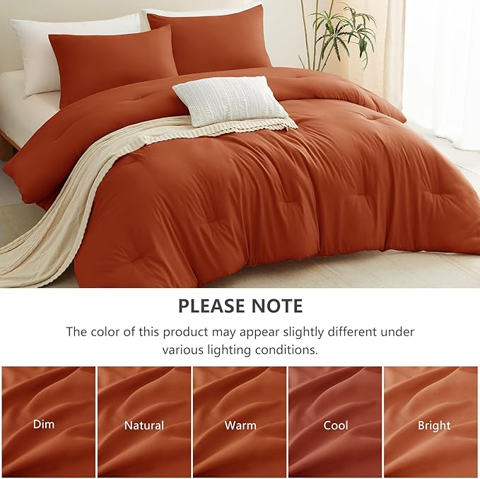 CozyLux Twin Comforter Set College Dorm Essentials, 2 Pieces Burnt Orange Twin Extra Long Solid Bedding Sets, Terracotta Bed Set with Down Alternative Comforter and 1 Pillowcase, Back to School Gift