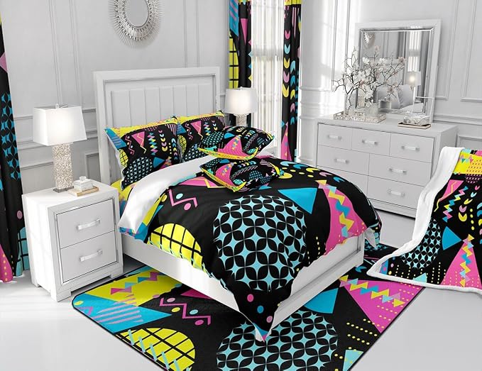 Manfei Memphis Comforter Set Twin Size, Retro 80s 90s Fashion Style Bedding Set 2pcs for Kids Boys Girls, Colorful Geometric Abstract Quilt Set Soft Polyester Duvet Set with 1 Pillowcase