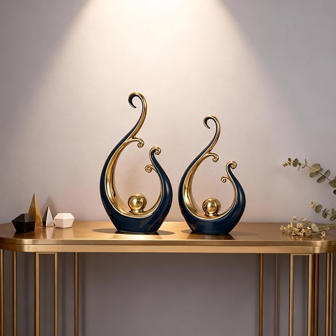 DOVDOV Blue and Gold Home Decor, Abstract Ceramic 2-Piece Sculpture Set, Modern mid-Century Art Statues, Perfect for Accent Tables, countertops, Coffee Tables, and entryway Decor.