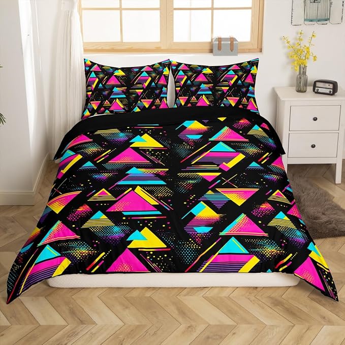 Retro 80s Style Bedding Set Queen,Abstract Geometric Pattern Duvet Cover Urban Modern Design With Circles And Triangle Comforter Cover Colorful Pop Art Inspired Pattern Quilt Cover For Boys Child