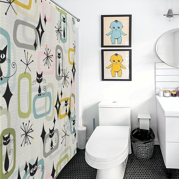 Mid Century Shower Curtain Retro 60s Geometric Aesthetic Black Cat Pattern Duty Fabric Shower Curtains Set Bathroom Polyester Waterproof with 12 Hooks, 66x72Inch（168x183cm）