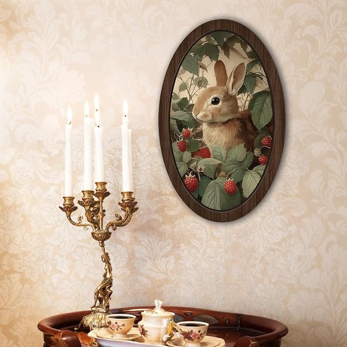 UYIKG Vintage Rabbit Wall Art Decor,Cute Bunny Oval Wall Decor,Rustic Cottagecore Animal Botanical Oval Wooden Framed Decorations for Nursery Kids Room Bedroom Living Room 9x14.6 in