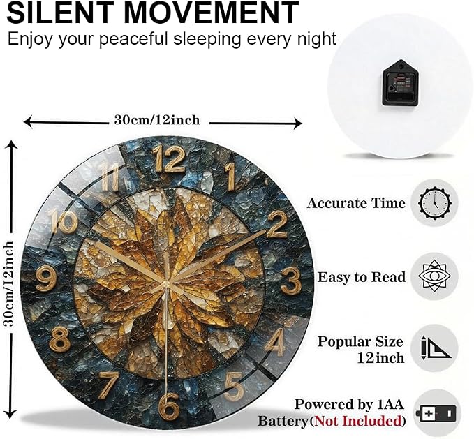 12 Inch Leaf Mosaic Glass Wall Clock Silent Modern Art Decor | Silent glossy wall clock with a vintage crushed stone mosaic design, tracking time perfectly for your living room