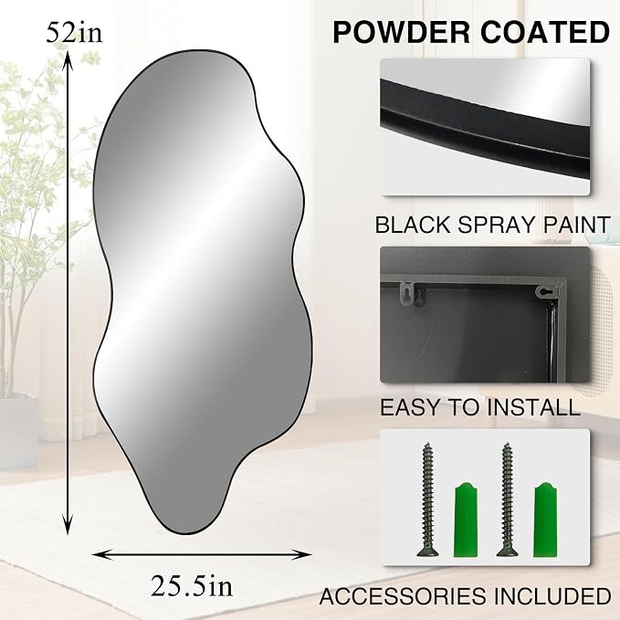 Large Irregular Mirror, 52"x25.5" Asymmetrical Frameless Mirror for Wall, Modern Abstract Wall Mirrors for Living Room Bathroom Bedroom Hallway Entryway, Hangs Vertically or Horizontally