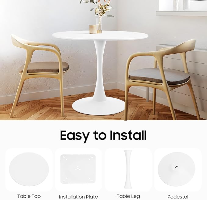 Round Dining Table, 31.5" Circle Tulip Table with Thickened Tabletop & Metal Pedestal, Mid-Century Modern Style MDF Top for Kitchen Living Room Cafe and Small Spaces