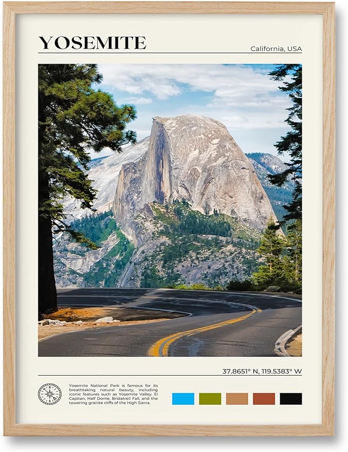 HesenDot Natural OAK Wood Yosemite National Park Framed Wall Art,12x16in Natural Scenery Canvas Wall Print,Classic Urban Landmark Wall Decor for Living Room,Bedroom,Office Gallery Gifts Set of 1