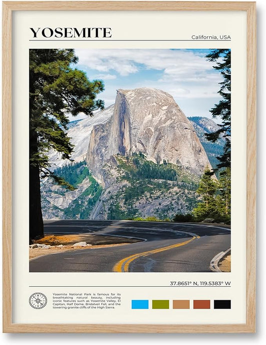 HesenDot Natural OAK Wood Yosemite National Park Framed Wall Art,12x16in Natural Scenery Canvas Wall Print,Classic Urban Landmark Wall Decor for Living Room,Bedroom,Office Gallery Gifts Set of 1