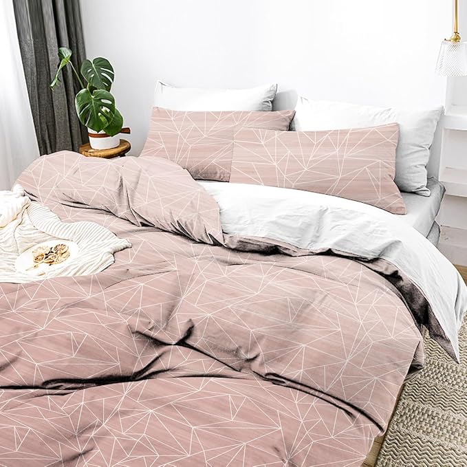 NTBAY 3 Pieces Brushed Microfiber Queen Duvet Cover Set, Super Soft Geometric Printed Zipper Comforter Cover with Corner Ties and 2 Pillow Shams, Pink