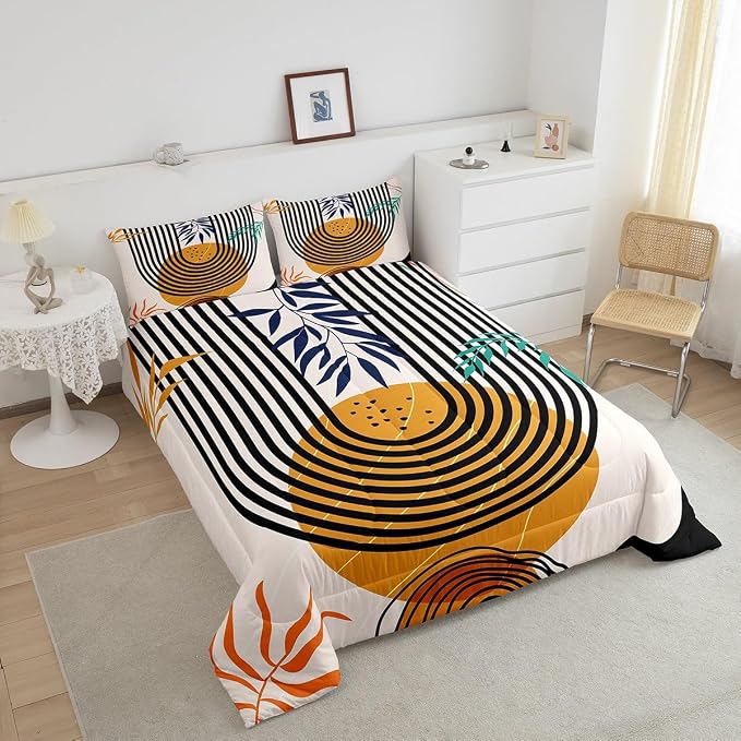 Mid Century Bedding Set King Swirl Line Comforter Set, Vintage Minimalit Duvet Insert Modern Artwork Quilt Sets, Abstract Circle Spiral Bedding Comforters & Sets Lightweight for All Seasons