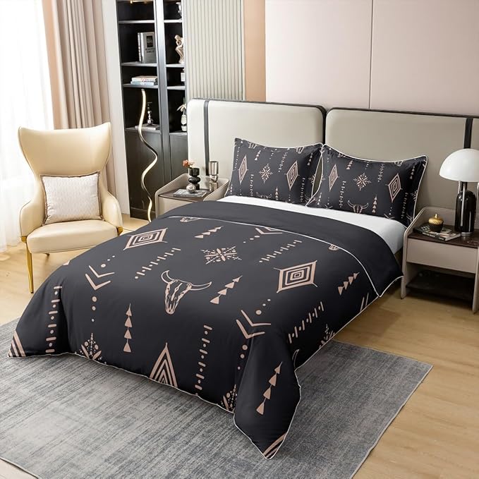 100% Organic Cotton Bull Skull Duvet Cover Full Boho Bedding Set Ethnic Horns Bohemian Comforter Cover Brown Tribal Symbol Mysterious Aztec Bedroom Decor Abstract Geometric Quilt Cover For Men Boys