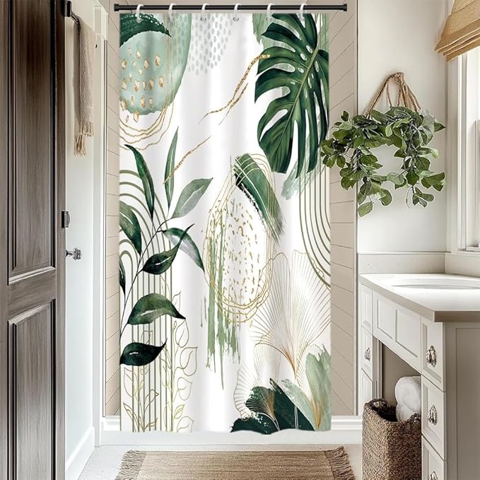 Modern Boho Shower Curtain Green Gold Tropical Palm Leaf Abstract Geometric Minimalist Aesthetic Bathroom Decor Watercolor Plant Bath Curtain Washable Waterproof Polyester Fabric with Hooks 36x72 Inch