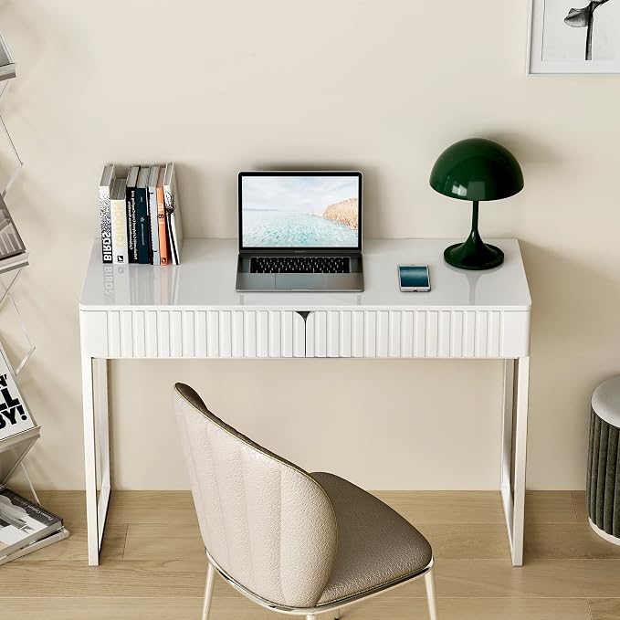 Tamworth Design Modern Multi-Purpose Desk, White & Antique Brass, 43" L x 15.75" W, 2 Large Drawers, Computer/Vanity/Study, Adult Size