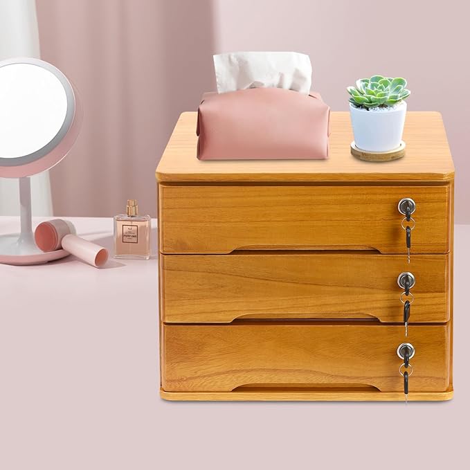 Desktop File Organizer with Lock, 2/3/4 Tier Multi-Drawer Wooden Storage Cabinet, Office Supply Organizer for Home Desk, Study & Workplace (Brown, 3 Layers)