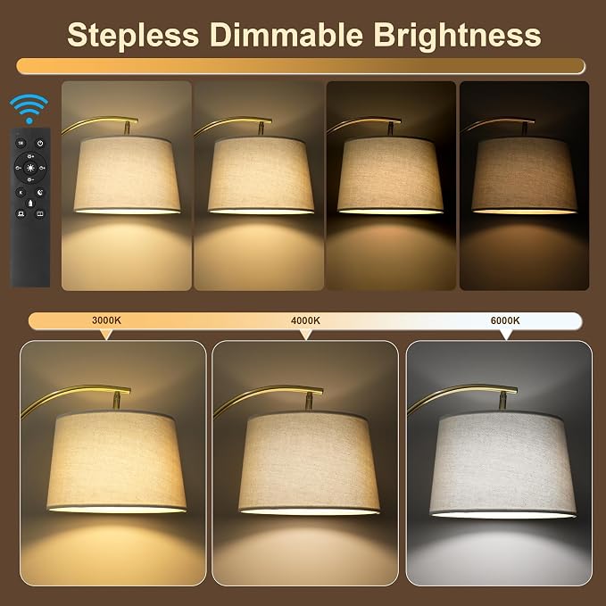 62.5" Gold Floor Lamp for Living Room Dimmable Standing Lamp with Remote & Foot Switch, 3 Color Temperatures Arc Tall Lamp Wood Mid Century Modern Floor Lamps for Bedroom Office, 9W Bulb Included
