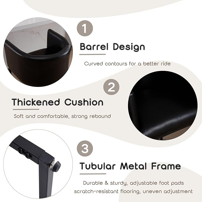 PU Leather Bar Stools Set of 4, Modern Upholstered Counter Height Bar stools 24" Leather Barstools Barrel Kitchen Counter Island Stools with Black Metal Base, Black