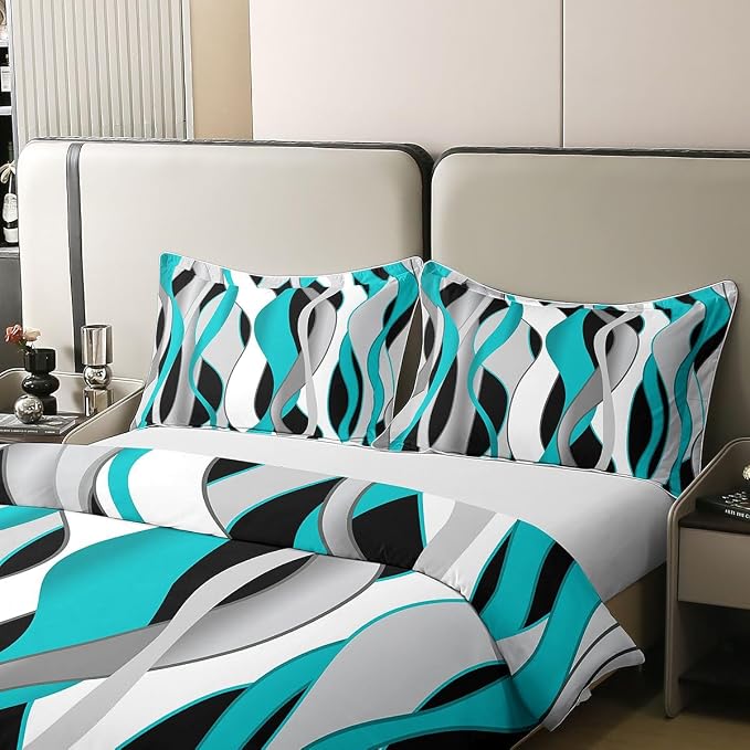 Erosebridal Teal and Black Bedding Set King Turquoise Striped Geometric 100% Cotton Duvet Cover Contemporary Wave Lines Comforter Cover for Kids Teens Adults Modern Geometric Stripes Bed Set 3 Pcs