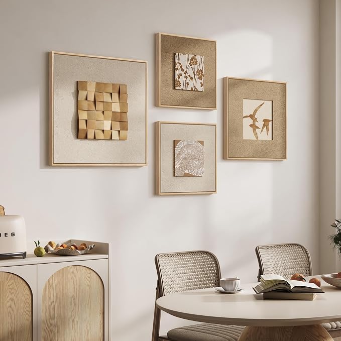 Large Framed 3D Neutral Wood Wall Art for Living Room, 4 Piece Textured Minimalist Abstract Paintings Artwork for Walls, Beige Brown Wooden Wall Decor for Hallway, Dining Room, Office
