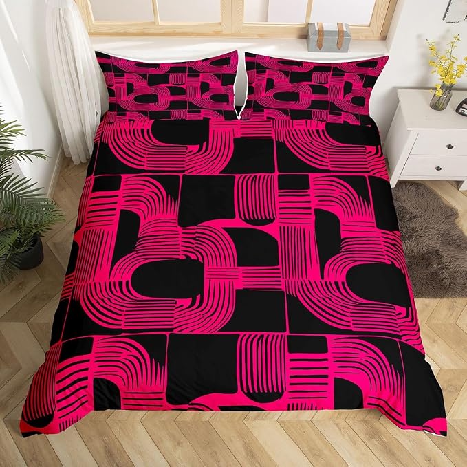 Bohemian Geometric Boys Duvet Cover King Size Mid Century Abstract Bedding Set 3 Piece Hot Pink Boho Ethnic Comforter Cover Modern Abstract Striped Bed Sets For Kids Teens Adult Men Bedroom Decor