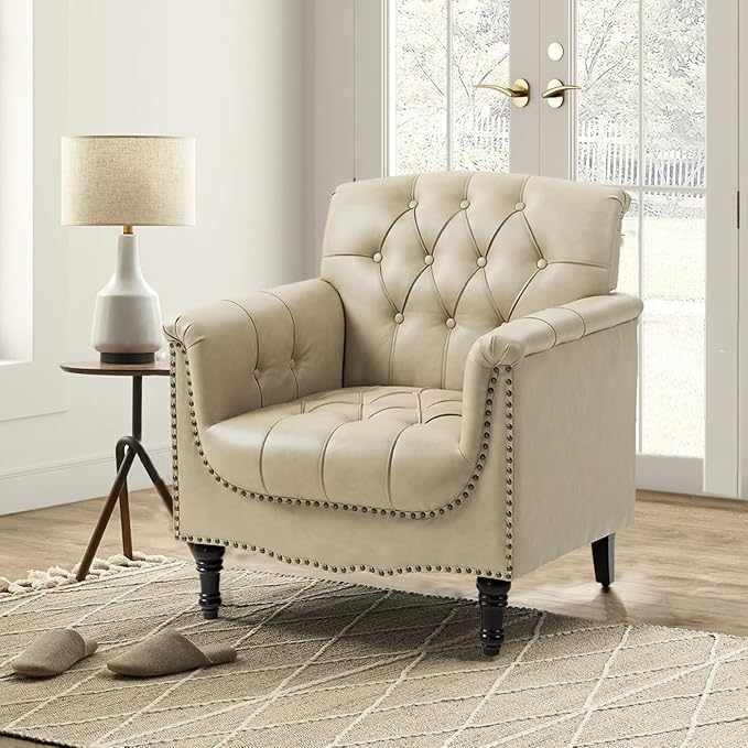 Faux Leather Accent Chair, PU Leather Modern Comfy Upholstered Armchair with Wood Legs & Nailhead Trim for Living Room, Bedroom (Beige,Set of 1)