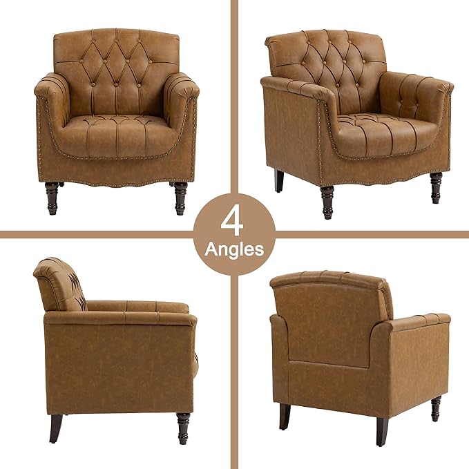 Lumibee Faux Leather Accent Chairs Set of 4, Upholstered Armchairs with Nailhead Trims & Wood Legs for Living Room, Bedroom, Contemporary Comfy Club Chairs for Office-Camel
