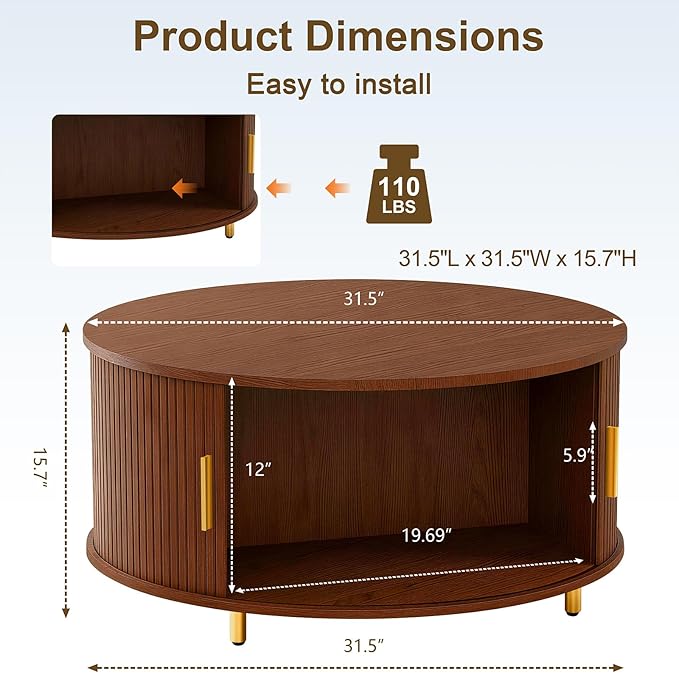 DHH Round Coffee Table, 31.5" Mid Century Modern Coffee Table with 360° Sliding Tambour Door, Fluted Accent Coffee Table with Storage Adjustable Footpads for Living Room (Walnut)