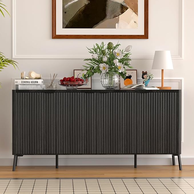 Buffet Cabinet, 63" Large Sideboard Buffet Cabinet with Storage, Modern Fluted Sideboard with 4 Doors, Wood Credenza Coffee Bar Storage Cabinet, for Living Room, Kitchen, Hallway, Black
