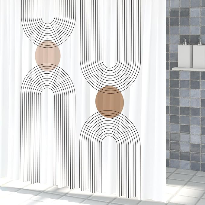 Mid Century Shower Curtain for Bathroom, Boho Sun Rainbow Modern Minimalist Geometric Shower Curtain, Abstract Arch Lines Modern Aesthetic Bathroom Decor Curtain Sets 60x72 inch