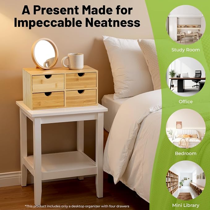 Bamboo Desk Organizer Small Retro Bamboo Tabletop Storage Box with Drawers& Recess Handles for Office Home Supplies Table Storage Collector 13 * 7.5 * 6in (4 Drawers)