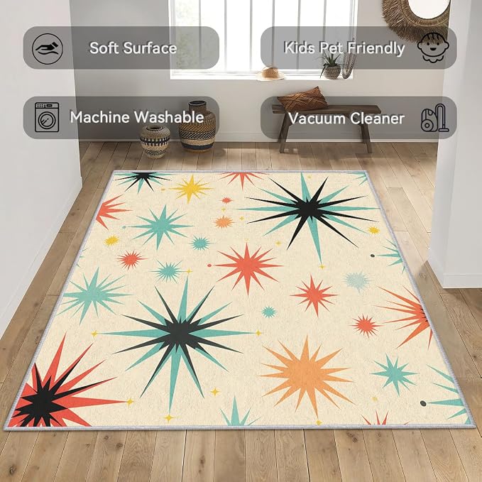 Retro Atomic Rug 4x6, Washable Mid Century Modern Rugs for Living Room Bedroom, Contemporary Geometric Area Rug for Home Decor, Non Slip Backing Floor Carpet with Gripper - 4 x 6 ft