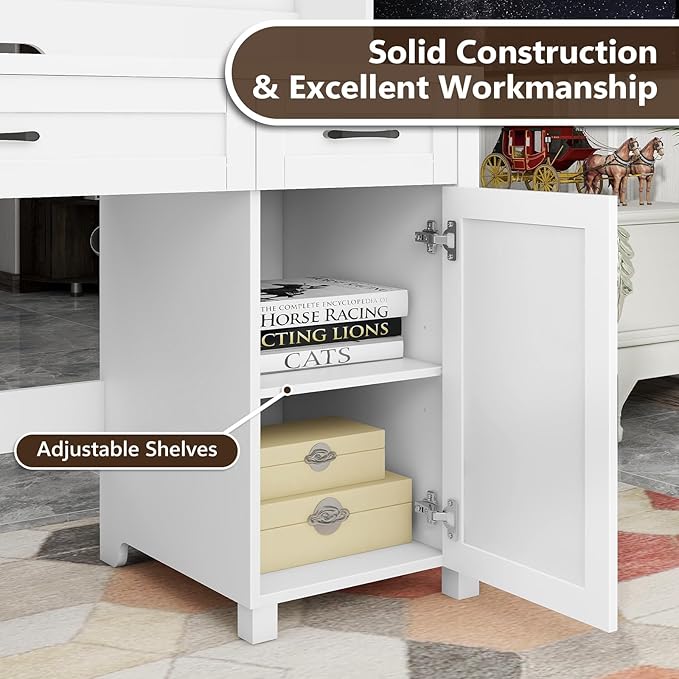 Vabches Farmhouse 47" Executive Desk, Computer Desks with 2 Drawers and Storage Cabinet, Home Office Desk with Hutch and Charging Station, Workspace for Work and Study (Cream White