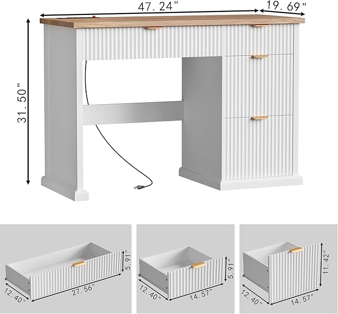 47" Farmhouse Executive Desk, Home Office Desk with Drawers and Charging Station, Wood Home Office Desk, Fluted Computer Writing Desk for Study, Living Room, Bedroom