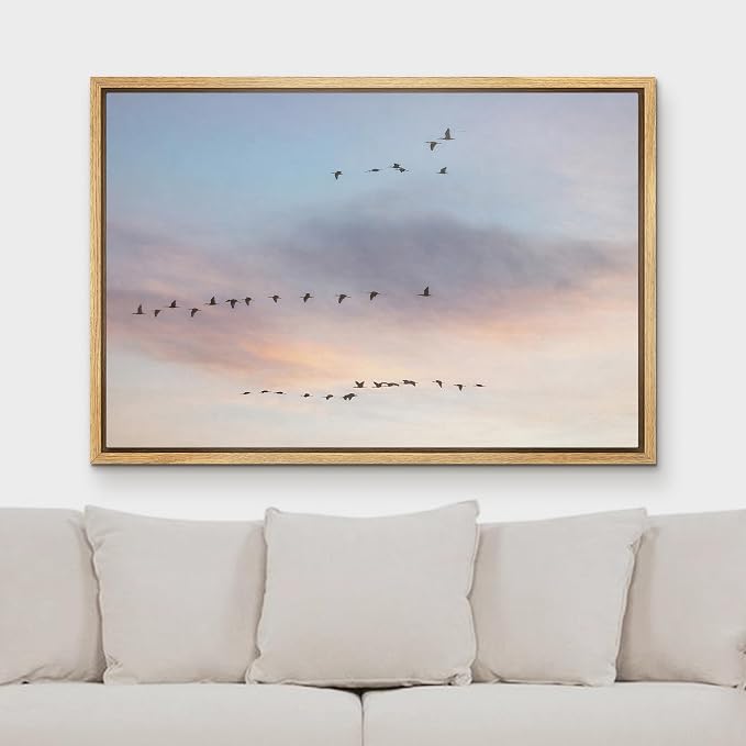 MUDECOR Framed Canvas Print Wall Art Flying Birds in Pastel Sunset Sky Panorama Illustrations Minimalism Decorative Bohemian Zen for Living Room, Bedroom, Office - 16"x24" NATURAL