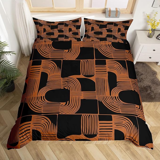 Erosebridal Mid Century Boys Duvet Cover Twin Size Bohemian Ethnic Bedding Set 2 Piece Boho Geometric Comforter Cover Modern Simple Black Stripes Bed Sets for Kids Teens Adult Men Bedroom Decor