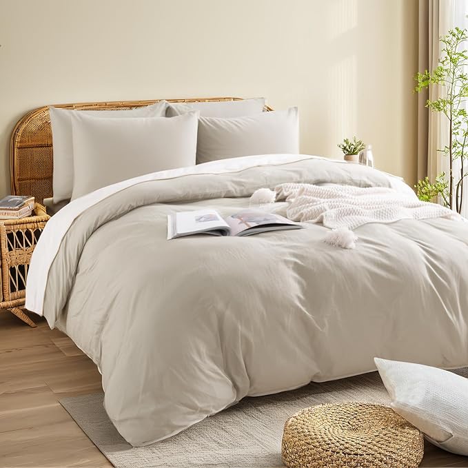NEXHOME PRO 100% Washed Cotton Duvet Cover Twin Size, Ogranic Natural Linen Feel Breathable Bedding Set with Zipper Closure, 2 Pieces Duvet Cover Set Linen (No Comfortert) 6890