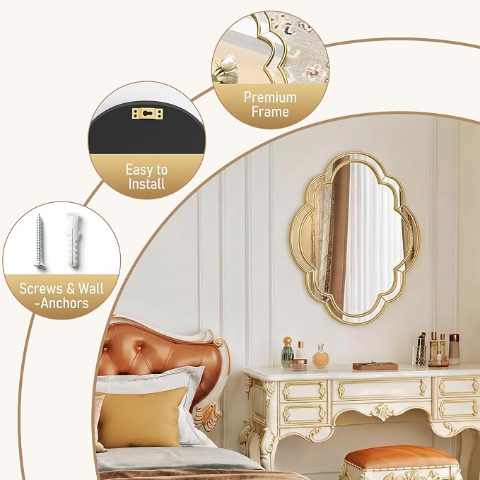 Gold Oval Mirror - 24"x32" Gold Scalloped Edge Mirrors with Beveled Glass Frame, Wall Decor Mirror for Living Room, Bedroom, Entryway,Hallway