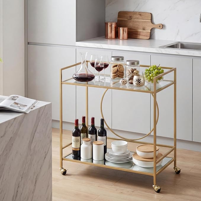 RiteSune Gold Bar Cart, Modern Wine Cart with Wheels, Home Bar Serving Carts with 2 Tier Mirrored Shelves, Wine Bar Carts for The Home, Dining Room, Kitchen