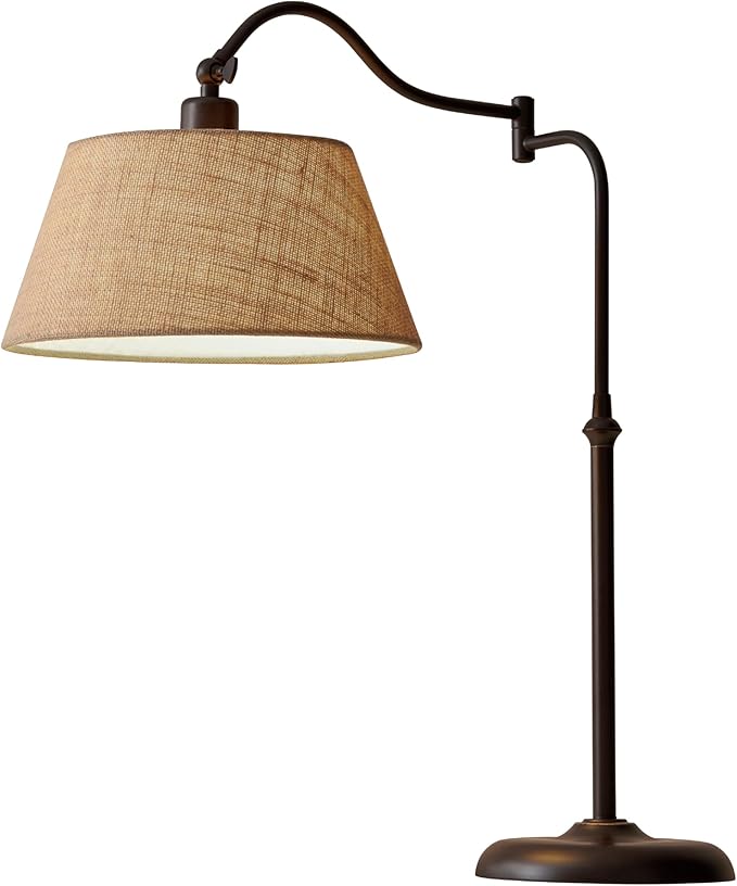 Adesso Antique Bronze Table Lamp with Burlap Shade - 180 Degree Adjustable Arm, Versatile Bedside Table, Living Room, or Desk Lamp, 27” Tall