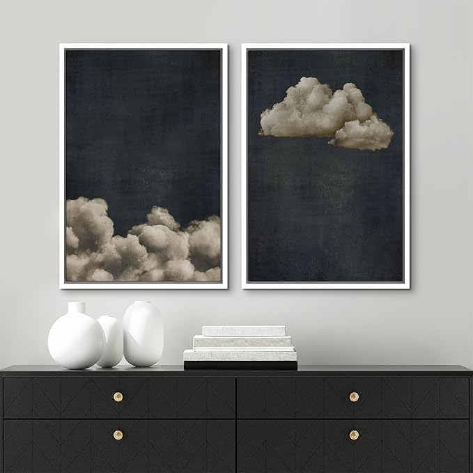 MUDECOR Framed Canvas Print Wall Art Vintage Cloudscape Dark Moody Sky with Floating Clouds Illustrations Modern Art Decorative Chic for Living Room, Bedroom, Office - 16"x24"x2 White