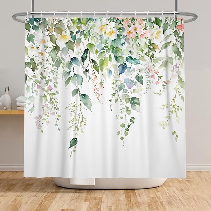 Sage Green Eucalyptus Shower Curtain Watercolor Botanical Floral Leaves Shower Curtain Set Spring Nature Bathroom Decor with 12 Hooks,72x78 Inches