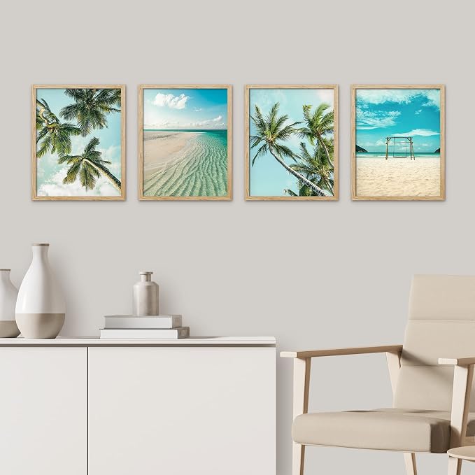 SIGNWIN Framed White Topical Teal Sky Palm Tree Beach Ocean Seaside Wall Art, Set of 4 Landscape Colorful Wall Decor Prints, Nature Wilderness Wall Décor for Living Room, Bedroom - 12"x16" Natural