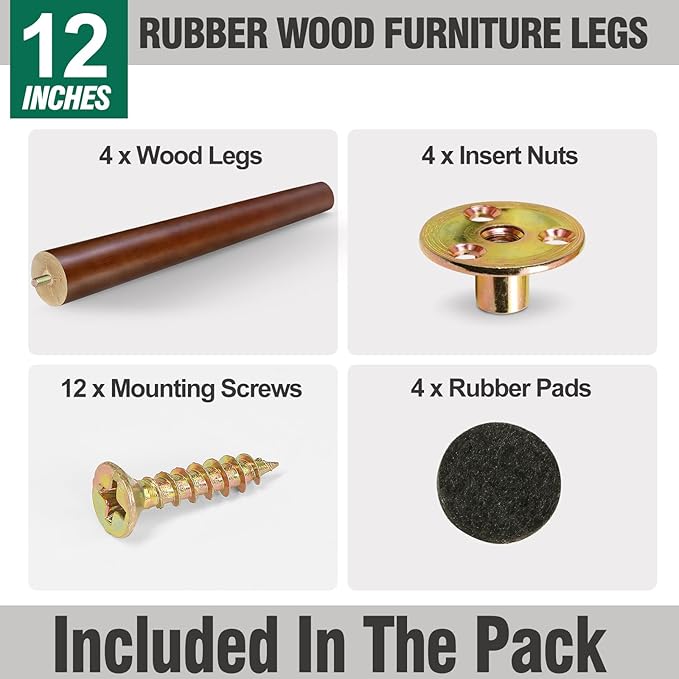 FoDau770 Brown Rubber Wood Furniture Legs 12 Inches, Straight Tapered Wood Feet Mid Century Sofa Legs Set of 4, 5/16" UNC Furniture Feet for Cabinet Couch Dresser Chair Ottoman Table
