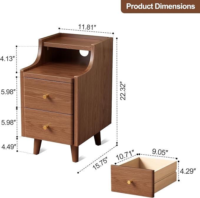 Narrow Nightstand with 2 Drawers,Walnut Nightstand,Bedside Table,Solid Wood Modern Bedside Table for Bedroom,Study,Toilet