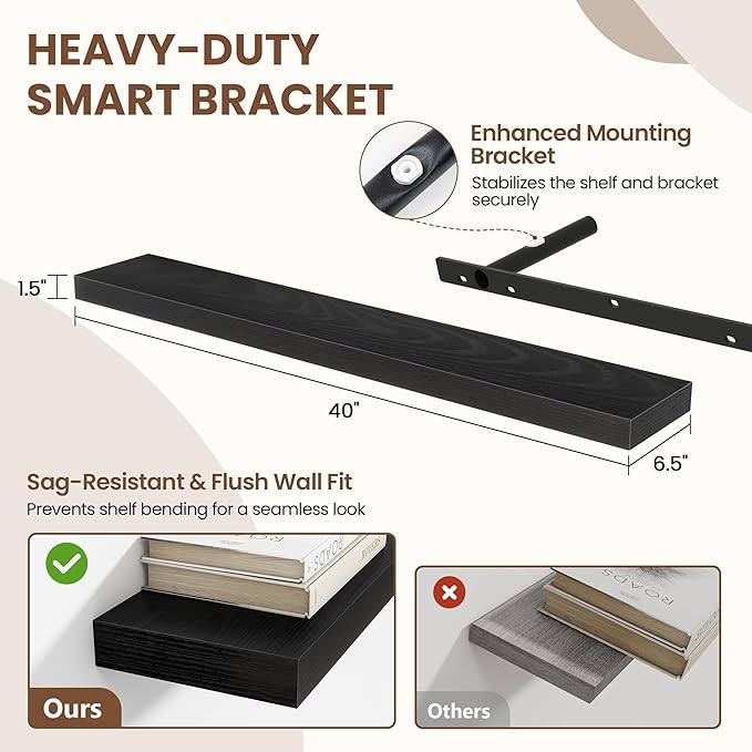 40 Inch Floating Shelves for Wall 2 Pack, 40" Wall Shelves for Books, Storage, Decor, Wall Mounted Floating Shelf with Invisible Brackets for Kitchen, Living Room, Black