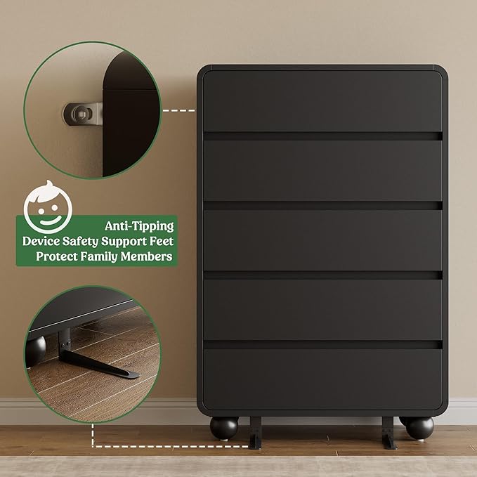 Lulive Wood Dresser for Bedroom, 41” Tall Chest of Drawers with 5 Drawers, Modern Closet Storage Drawer with Curved Profile Design for Living Room, Hallway, Entryway, Black