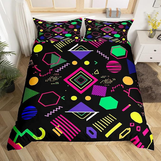80s 90s Bedding Set Memphis Pattern Old Fashioned Comforter Cover King,Geometric Abstract Colorful Dots Funky Duvet Cover Retro Bed Set,Multicolor Cute Vintage Rainbow 80'S Style 1980S Home Decor