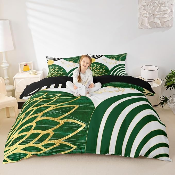 Erosebridal Green Boho Modern Duvet Cover Full Size for Women Men Adults - Mid Century Abstract Comforter Cover Bohemian Geometric Bedding Set Chic Contemporary Stripes Bed Set