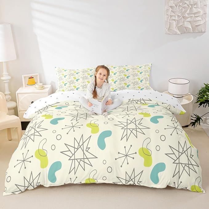 Erosebridal Hippie Minimalism Bedding Sets King Fifties Old Fashion Comforter Cover, Abstract Atomic Art Bed Set Beige Teal Aesthetic Duvet Cover, Modern Mid Century Quilt Cover with 2 Pillowcase