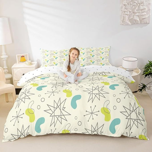 Hippie Minimalism Comforter Cover Fifties Old Fashion Bed Set, Abstract Atomic Art Duvet Cover Queen Size Beige Teal Aesthetic Bedding Sets, Modern Mid Century Bedspread Cover with 2 Pillowcase