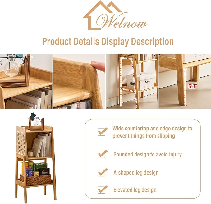 Welnow Bamboo Rattan Bookcase with Cabinet, 1-Tier Storage Shelf with Side Table & End Table Function, Large Modern Wood Organizer for Living Room or Bedroom, Natural Bookshelf